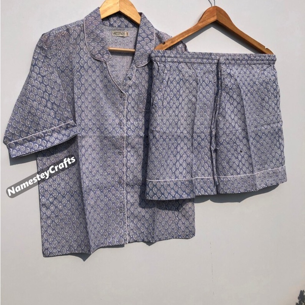 Cotton PJ shorts set - block print